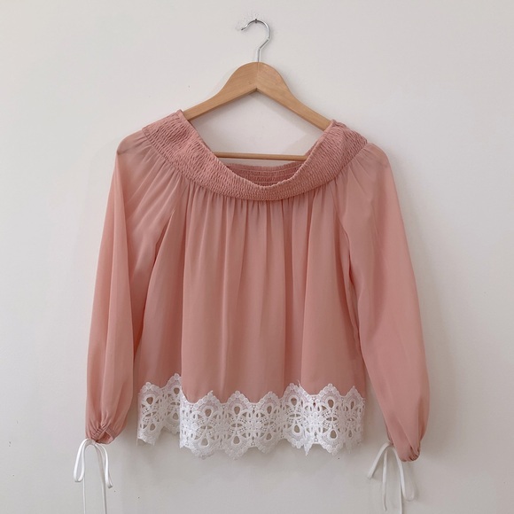 Anthropologie After Market Top Chiffon Lace Off Shoulder Blouse Pink Size S - Picture 1 of 9